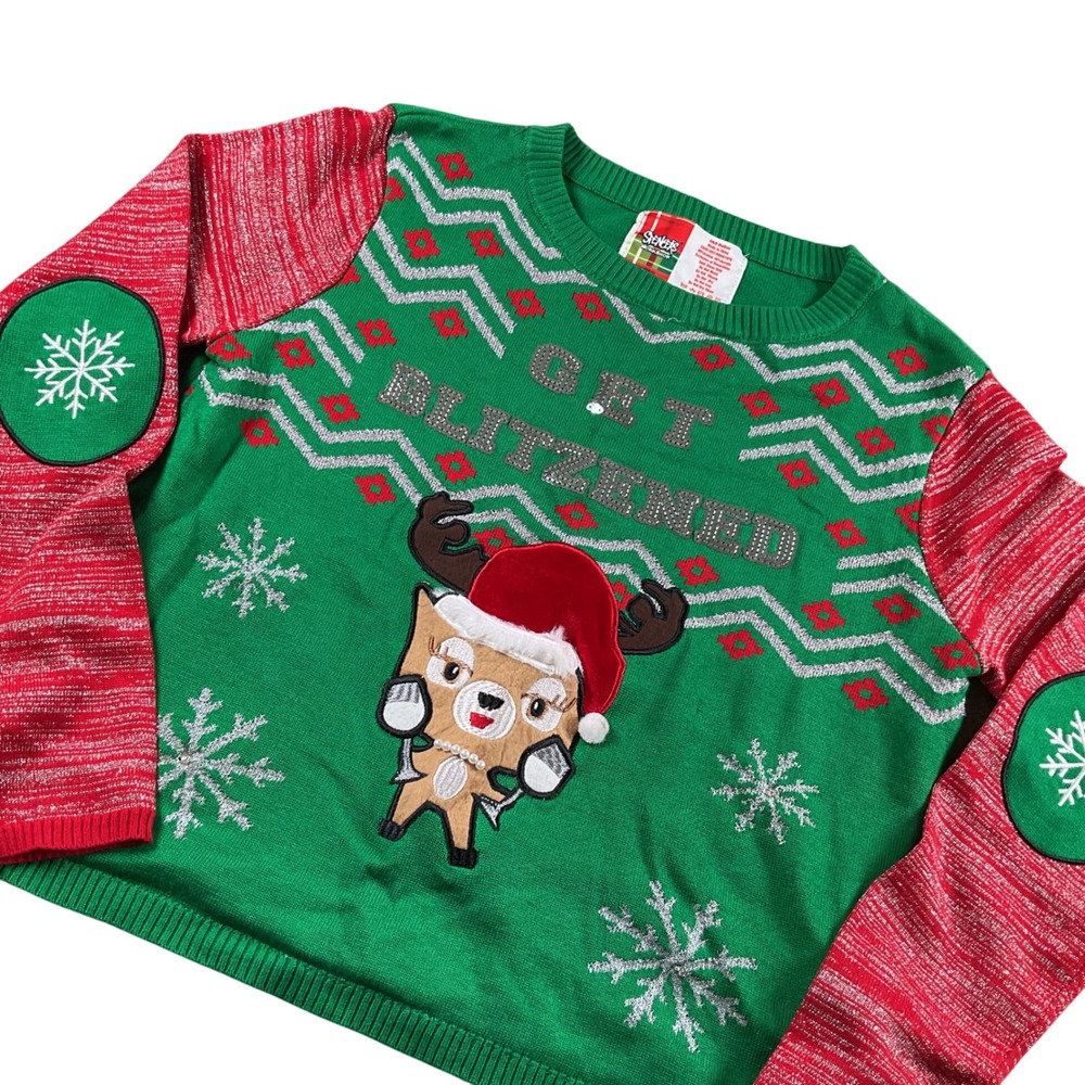 Spencers Adult Medium Get Blitzened Ugly Christmas Holiday Sweater‎ Reindeer